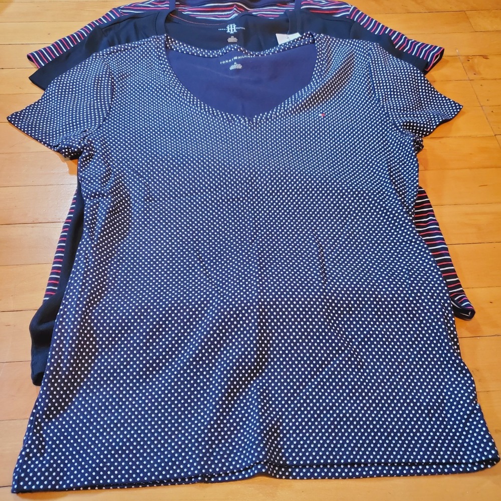 TOMMY HILFIGER Y2K Flag Logo T-shirt Modern Preppy Retro V-neck Set Of 3 Size L